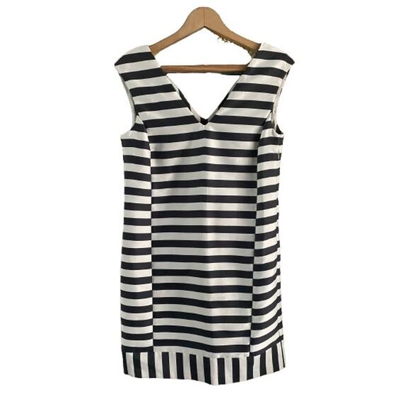 NWT Italian Sleeveless Retro Mini Dress Black White Striped V Neck Mod Style XS - Picture 2 of 9